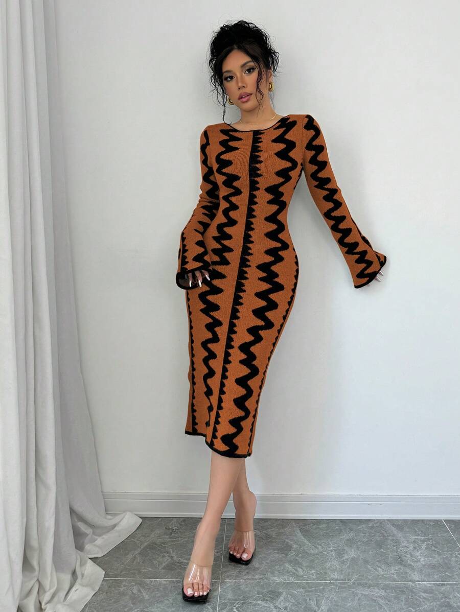 Elenzga 女士优雅提花针织紧身迷你连衣裙 - 棕色 - 查看 1