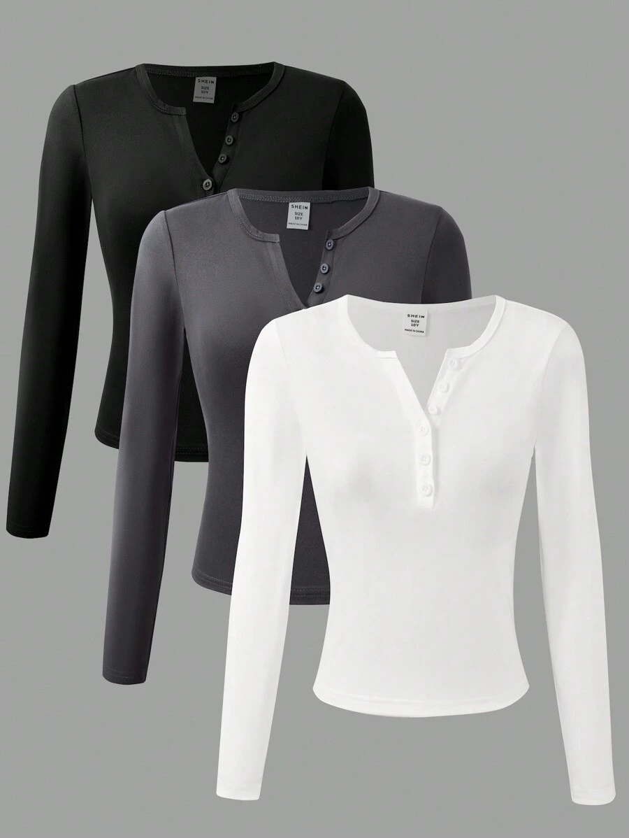 Sparklyn 3pcs/Pack Tween Girl V-Neck Button Front Long Sleeve T-Shirt, Slim Fit Layering Tee, Spring & Autumn New Style Chic Outfits For Autumn/Winter - Multicolor - View 1