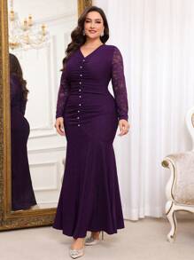 Modelyn Frauen Große Größen V-Ausschnitt Kontrast Spitze Geraffter Fischschwanz Saum Elegantes Abendkleid