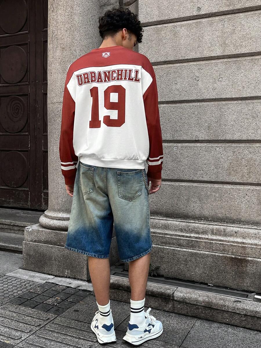 Manfinity VCAY 年轻男士休闲数字印花长袖宽松套头衫，日常穿着，适合秋冬季 - 紅色 - 查看 1