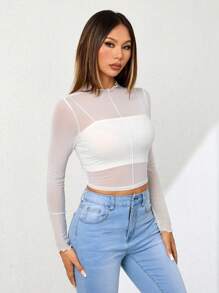 SHEIN PETITE 小號女款高領荷葉邊透視白色上衣 - 白色 - 查看 6