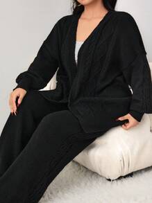 Mulvari Plus Size Casual Solid Color Open Front Loose Cardigan & Pants Set, Suitable For Autumn/Winter Daily Wear 2 Pieces Set - Black - View 2
