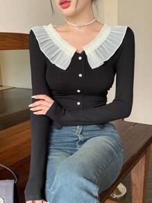 DAZY 女式拼色褶皱修身短袖 T 恤，秋季优雅，荷叶边长袖女式上衣