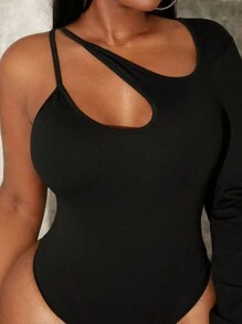 SHEIN SXY 大码女式纯色镂空不对称领口修身紧身衣，适合内衣或外套，约会之夜、生日、单身派对服装、休闲、购物、街头装、外出，易于搭配且看起来苗条，凸显您的身材，凸显身材 - 黑色 - 查看 7