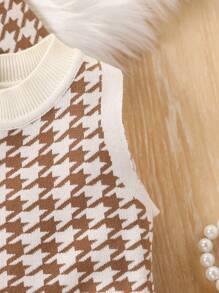 SHEIN 年轻女孩休闲千鸟格开衫和针织毛衣配裙子两件套，秋季 - 棕色 - 查看 3