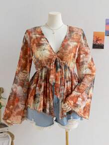 Soleia Áo Babydoll cổ chữ V tay dài in họa tiết hoa cho ngày tựu trường/nghỉ lễ cỡ lớn, phong cách tranh sơn dầu cổ điển, mùa thu - Nhiều màu - Xem 5