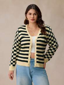 Elaquor Plus Size Women's Checkered Striped Casual Cardigan Sweater, Autumn/Winter - Multicolor - View 1