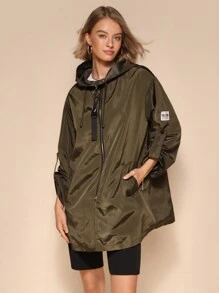 Chiquease Áo khoác dài tay bèo nhún họa tiết chữ mùa thu dành cho nữ có mũ trùm đầu rộng rãi có khóa kéo - xanh quân đội - Xem 1