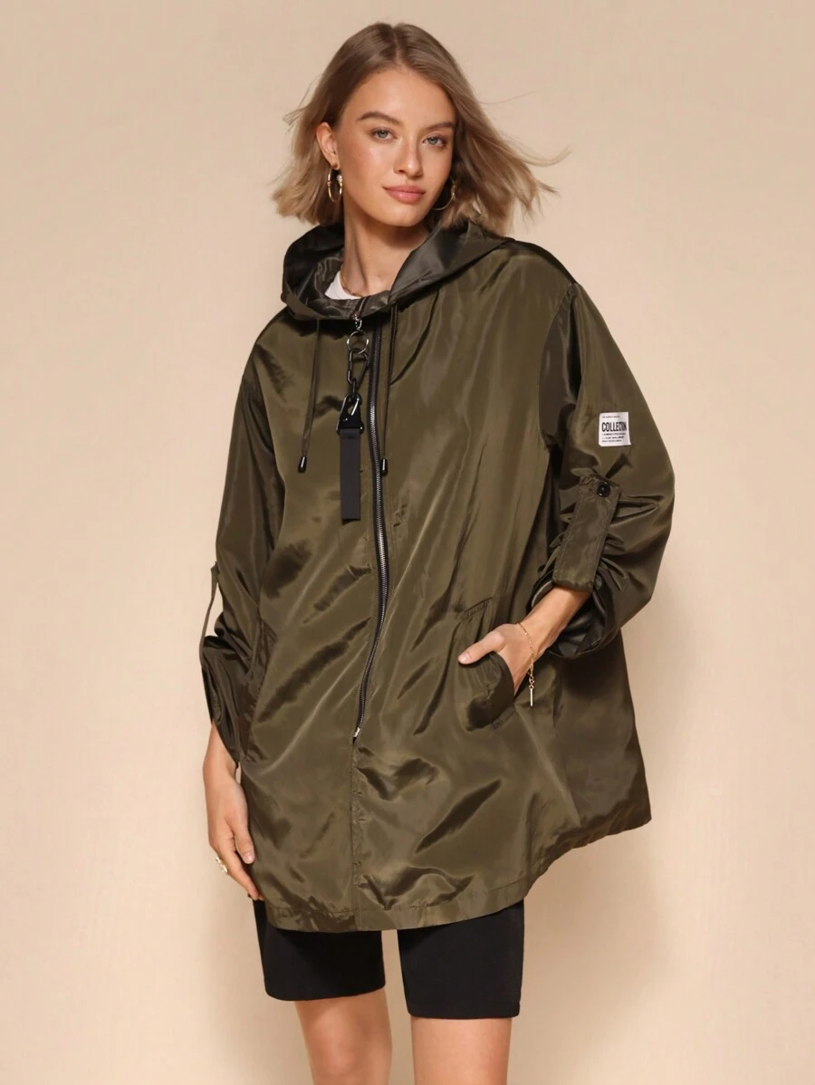 Chiquease Áo khoác dài tay bèo nhún họa tiết chữ mùa thu dành cho nữ có mũ trùm đầu rộng rãi có khóa kéo - xanh quân đội - Xem 1