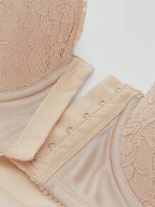 1pc Plus Size Apricot Front-Closure Contrast Lace Wire-Rimmed Push-Up Bra, Lingerie - Apricot - View 8
