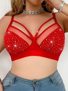 1pc Plus Size Milk Silk Rhinestone Decor Wire-Free Bra, Rave - Red - View 3