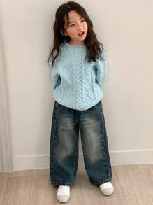 DAZY Young Girls Round Neck Sweater, Fall - Blue - View 6