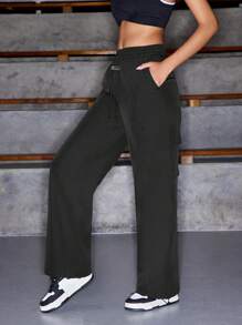 Streetz SHEIN Sport Women Applique Drawstring Pocket Loose Sports Pants - Black - View 5