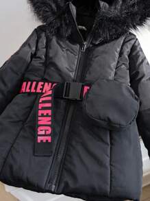 SHEIN Abrigo casual de longitud media acolchado con cuello de sombrero suave, sensación de calidad, rosa rojo con cinta jacquard con letra, estilo dulce y fresco, para niña joven - Negro - Ver 5