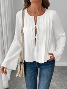 SHEIN LUNE Women's Bow Tie Pleated A-Line Bell Sleeve Casual/Office Blouse, Elegant For Autumn/Winter