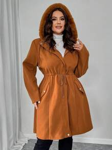SHEIN LUNE 大码女式蓬松拼接收腰拉链休闲外套，秋冬 - 棕色 - 查看 4