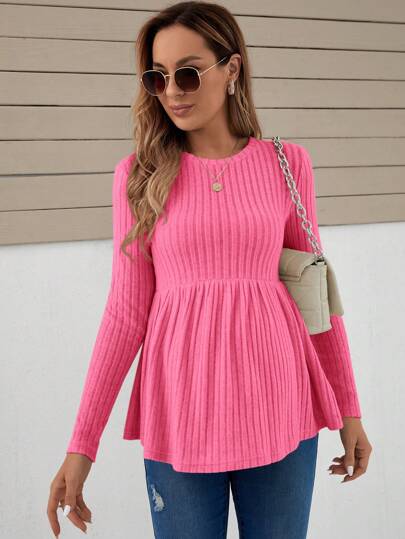 SHEIN Koszulka ciążowa z okrągłym dekoltem, długim rękawem i ściągaczem, z falbaną na dole, na co dzień, jesień