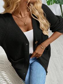 SHEIN LUNE Women Casual Everyday Pocket V-Neck Button Up Cardigan Sweater In Fall/Winter