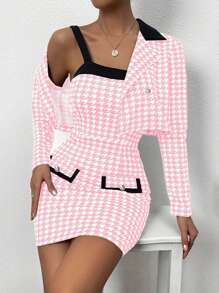 Chiquease 2 件套女士优雅千鸟格拼色无袖紧身连衣裙和翻领短款夹克，春秋