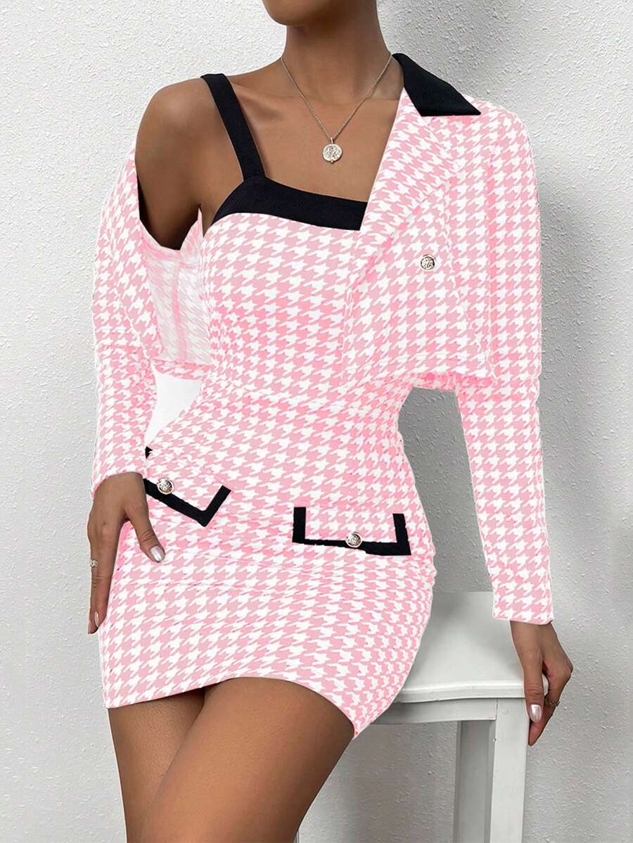 Chiquease 2 件套女士优雅千鸟格拼色无袖紧身连衣裙和翻领短款夹克，春秋