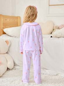 2 件套年轻女孩睡衣套装，简约时尚可爱印花长裤和长袖，休闲家居服