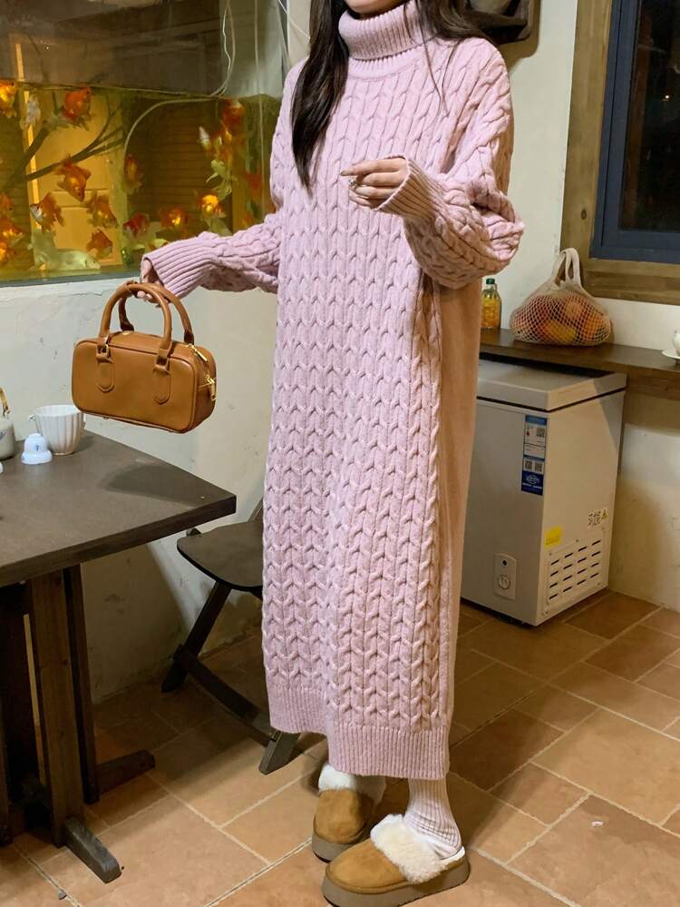Women's Mid-Length High Collar Solid Color Casual Sweater Dress,Fall Women Clothes