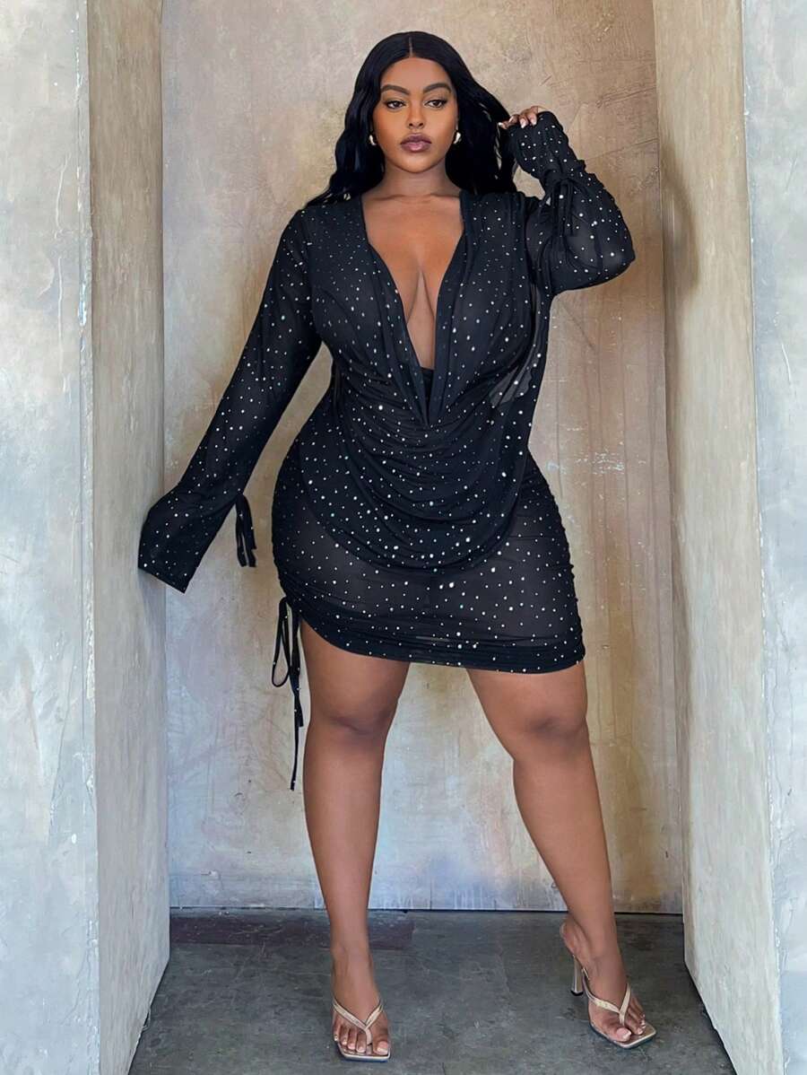 Slaydiva Đầm dự tiệc màu đen hở lưng tay dài cổ chữ V sâu gợi cảm & quyến rũ cỡ lớn - Z - màu đen - Xem 1