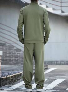 Manfinity Homme 1Set Men Casual Ribbed Long Sleeve Single-Breasted Jacket And Pants Suit, Green, Fall Clothes - Army Green - View 4