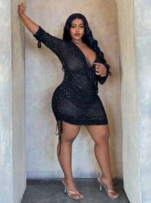 Slaydiva Đầm dự tiệc màu đen hở lưng tay dài cổ chữ V sâu gợi cảm & quyến rũ cỡ lớn - Z - màu đen - Xem 5