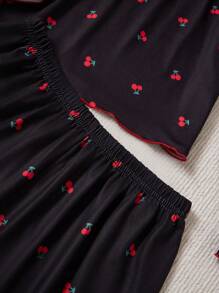 Bộ đồ ngủ dệt kim dễ thương màu đỏ anh đào thời trang tối giản cho bé gái tuổi teen, quần dài & áo dài tay, đồ mặc ở nhà thoải mái - màu đen - Xem 3