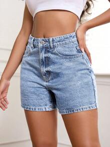 SHEIN PETITE Women Front Button Up Simple Style Multi-Pocket Denim Shorts, Casual Everyday Wear - Light Wash - View 6