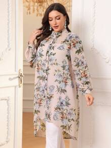 Modelyn Plus Size Front Button Stand Collar Long Sleeve Floral All-Over Print Casual Shirt - Pink - View 3