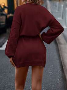 SHEIN LUNE Women's Solid Color Round Neck Long Sleeve Casual Knit Sweater Dress, Suitable For Autumn/Winter For New Year Clothes