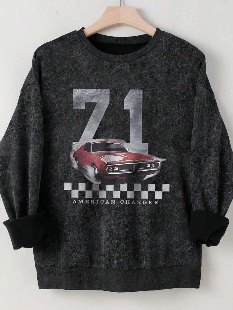INAWLY Sudadera holgada y suelta con cuello redondo y manga larga con estampado de coche de carreras, jersey casual de otoño e invierno - Negro - Añade 1