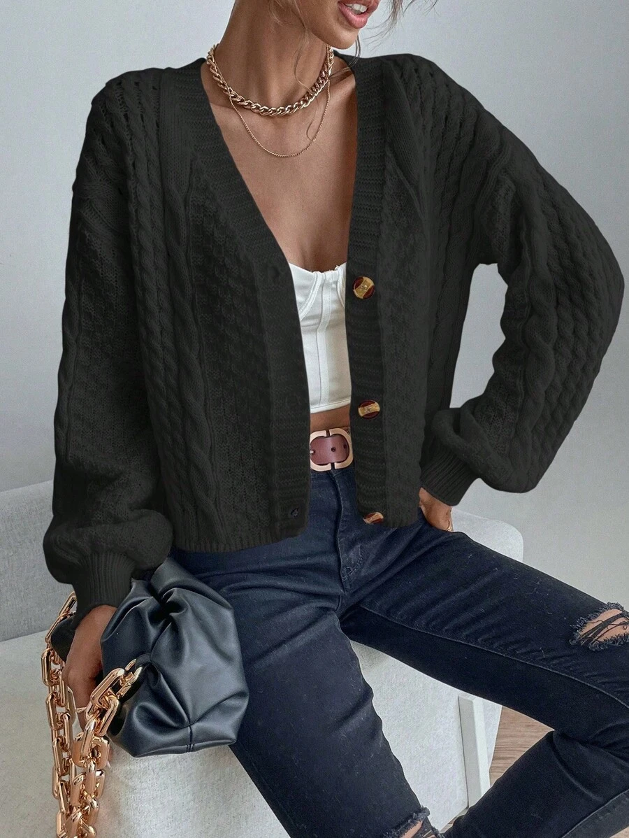 EMERY ROSE 女士休闲落肩宽松粗针织开衫 - 黑色 - 查看 1