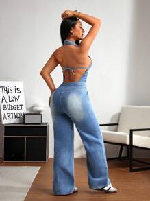 SHEIN ICON Women's Sexy Backless Halter Denim Jumpsuit
