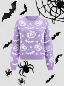 PUNK 趣味万圣节南瓜图案圆领落肩长袖休闲毛衣，女士针织套头衫，秋冬款 - 彩色 - 查看 1