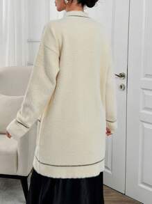 EURMUSE Special Pattern V Neck Cardigan With Button Detail And Hairy Yarn - Beige - View 2
