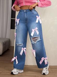 Plus Size Casual Street Style Pink Bow Decor Distressed Loose Straight Leg Jeans - Medium Wash - View 6