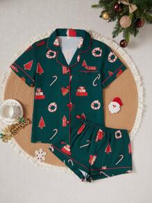 Bộ đồ ngủ quần short tay ngắn in họa tiết Giáng sinh có cổ - Nhiều màu - Xem 1