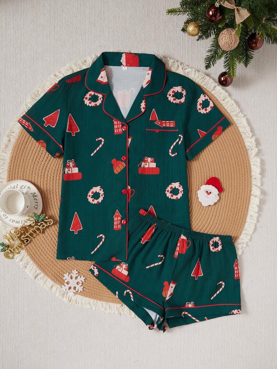 Bộ đồ ngủ quần short tay ngắn in họa tiết Giáng sinh có cổ - Nhiều màu - Xem 1