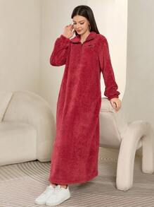 Mulvari Women's Autumn Winter Letter Zipper Hoodie Dress, Long Sleeve Fleece Loose Sweatshirt Dress,Long Sleeve Tops Pullover Fall Outfit - Pink - View 4