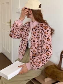 DAZY Women Casual Leopard Print Collar Fluffy Jacket, Autumn/Winter Cheetah Print - Pink - View 5