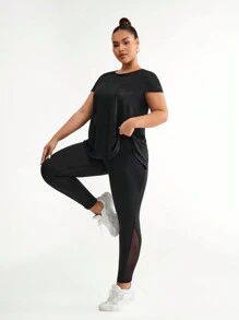 Gameset SHEIN Sport Women Plus Size Tracksuit 2 Pieces Set, Jacquard Cross Back Short Sleeve Pocket Mesh Splice Pants - Black - View 7