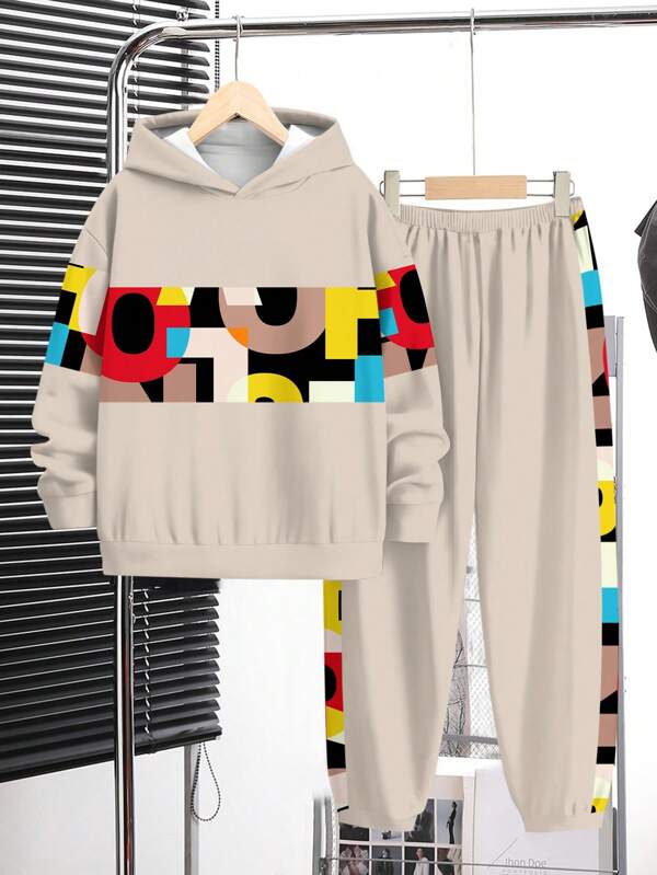 SHEIN Set de 2 sudaderas con capucha de manga larga, estilo casual y simple con gráfico colorido, adecuado para niños y preadolescentes en otoño/invierno