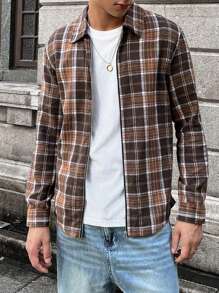 Manfinity RebelGame 1pc Heren Geweven 90s Kraag Shirt Mode Casual Losse Plaid Lange Mouw Ritssluiting Kleur Blok Vintage Urban Shirt, Voor Vrienden, Katoen