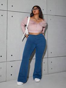 Dripcurv 大码女式蓝色弹力针织牛仔裤，四季皆宜的喇叭牛仔裤，新年服装