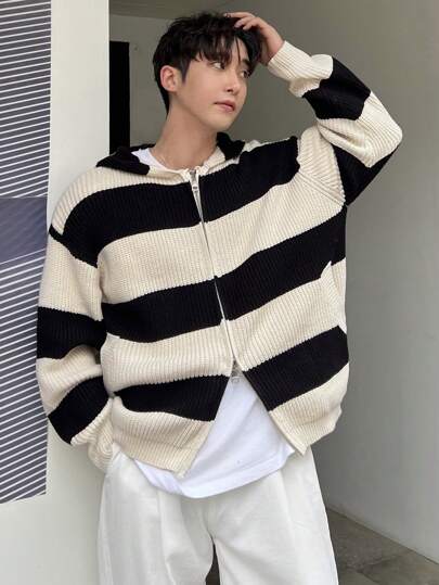 DAZY 男士休闲条纹拉链前开衫，适合日常穿着，秋季夹克