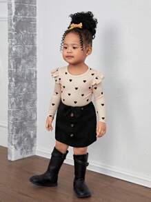 SHEIN Ensemble de 2 pièces en tricot : pull à manches longues avec cœur mignon pour bébé fille et jupe avec décoration de nœud, automne/hiver - Kaki - Voir 1