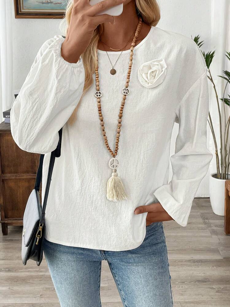 Women Casual Solid Color Dropped Shoulder Loose Fit Decorative Floral Applique Shirt, Spring & Autumn